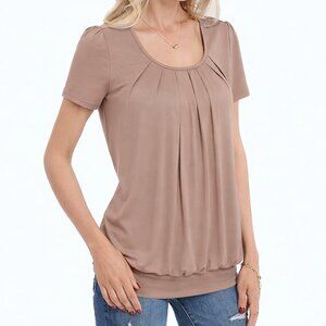 DJT FASHION (M) Warm Taupe Brown Pleated Tee Scoop Blouson Loose Top Coffee Tan